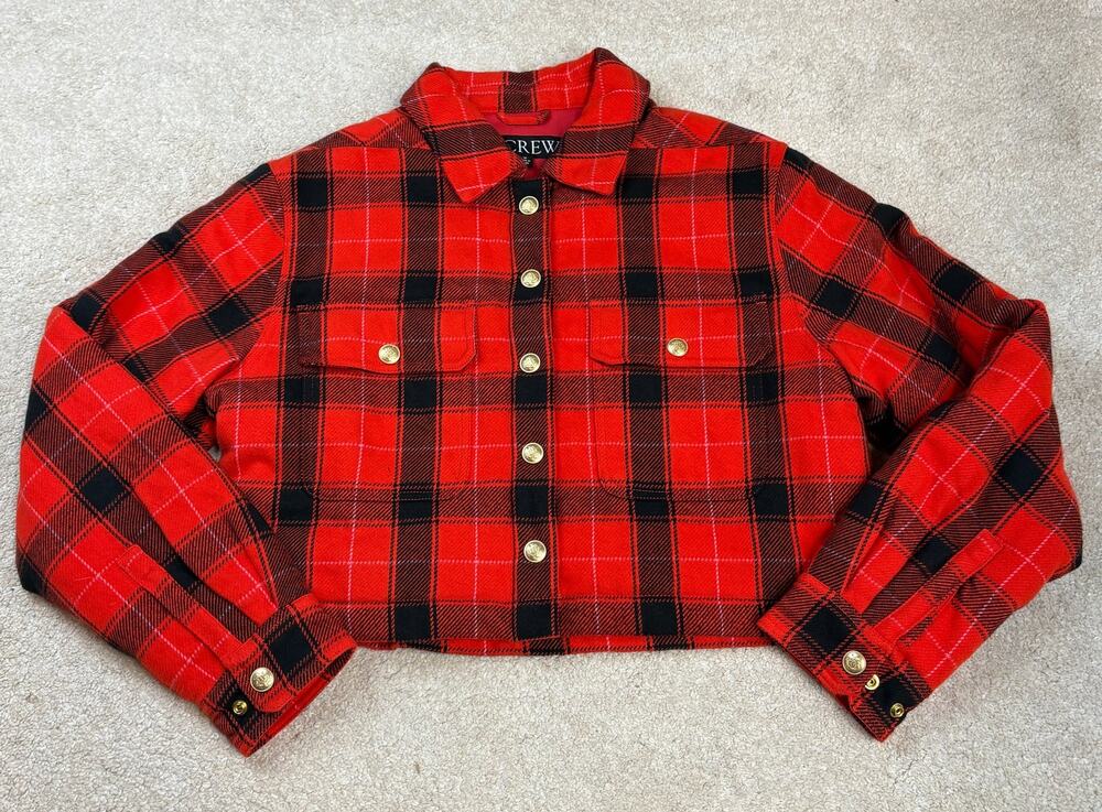 NWOT J. Crew Red and Black Buffalo Check Cropped Puffer Jacket Size M